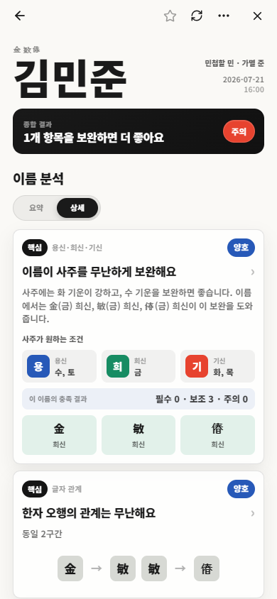 김민준 이름의 사주 보완과 한자 오행을 보여주는 분석 화면
